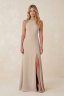 Round Neck Sheath Chiffon Appliqued Bridesmaid Dress in Almond - KissProm Bridesmaid Dresses
