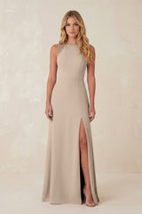 Round Neck Sheath Chiffon Appliqued Bridesmaid Dress in Almond - KissProm Bridesmaid Dresses