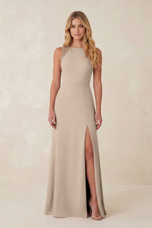 Round Neck Sheath Chiffon Appliqued Bridesmaid Dress in Almond - KissProm Bridesmaid Dresses