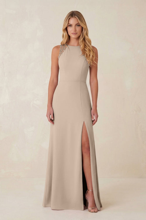 Round Neck Sheath Chiffon Appliqued Bridesmaid Dress in Almond - KissProm Bridesmaid Dresses