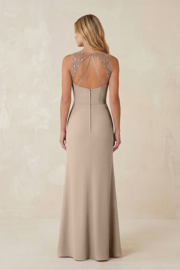 Round Neck Sheath Chiffon Appliqued Bridesmaid Dress in Almond - KissProm Bridesmaid Dresses