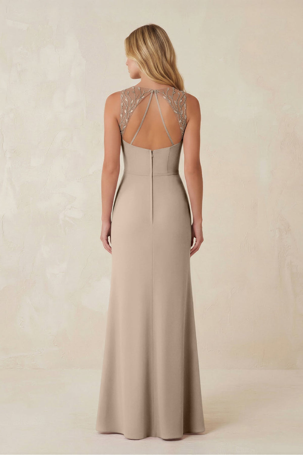 Round Neck Sheath Chiffon Appliqued Bridesmaid Dress in Almond - KissProm Bridesmaid Dresses