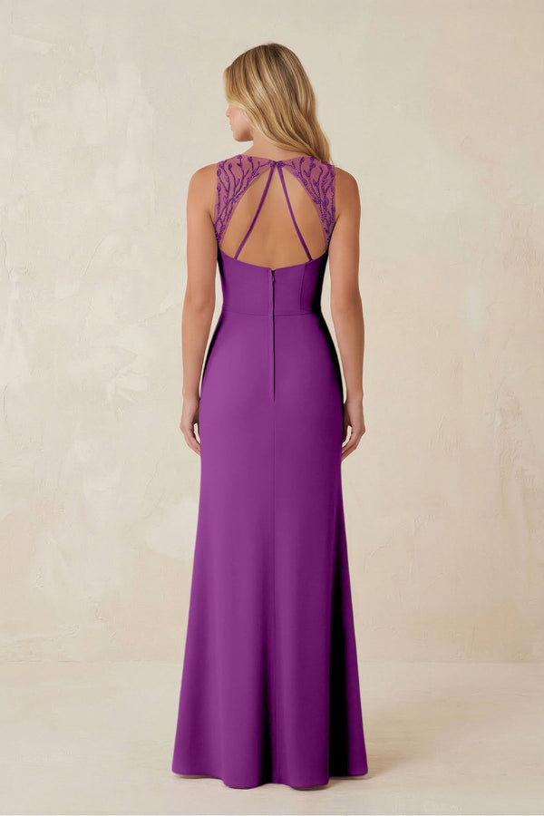 Round Neck Sheath Chiffon Appliqued Bridesmaid Dress in Amethyst - KissProm Bridesmaid Dresses