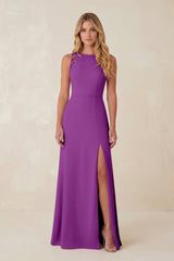 Round Neck Sheath Chiffon Appliqued Bridesmaid Dress in Amethyst - KissProm Bridesmaid Dresses