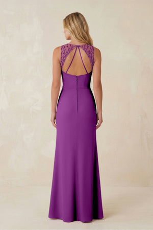 Round Neck Sheath Chiffon Appliqued Bridesmaid Dress in Amethyst - KissProm Bridesmaid Dresses