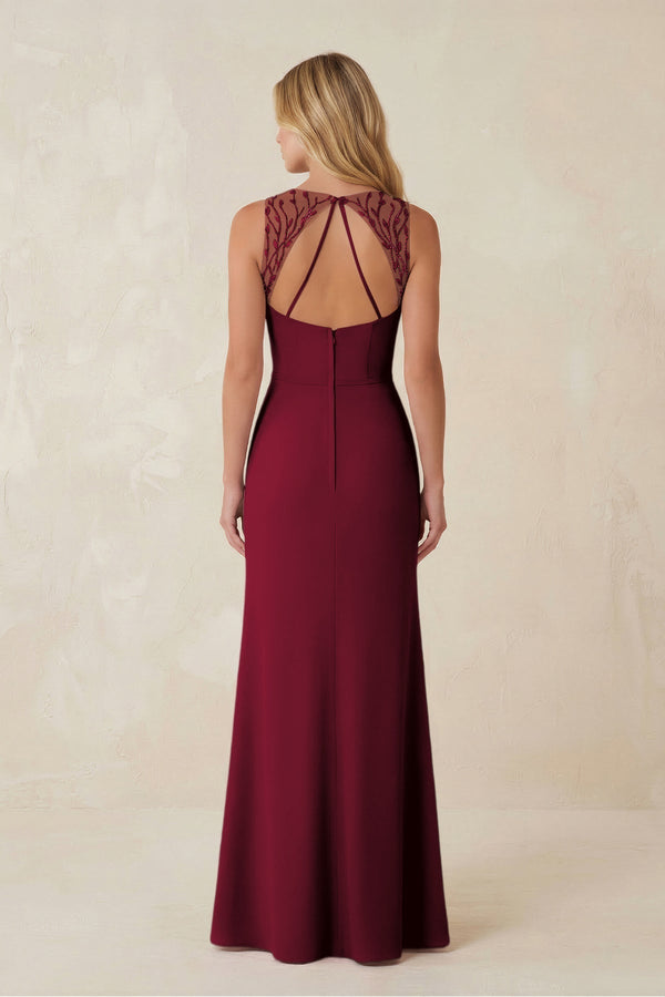 Round Neck Sheath Chiffon Appliqued Bridesmaid Dress in Berry - KissProm Bridesmaid Dresses