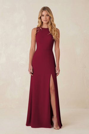 Round Neck Sheath Chiffon Appliqued Bridesmaid Dress in Berry - KissProm Bridesmaid Dresses