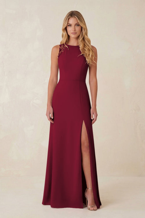 Round Neck Sheath Chiffon Appliqued Bridesmaid Dress in Berry - KissProm Bridesmaid Dresses