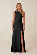 Round Neck Sheath Chiffon Appliqued Bridesmaid Dress in Black - KissProm Bridesmaid Dresses