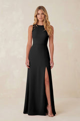 Round Neck Sheath Chiffon Appliqued Bridesmaid Dress in Black - KissProm Bridesmaid Dresses