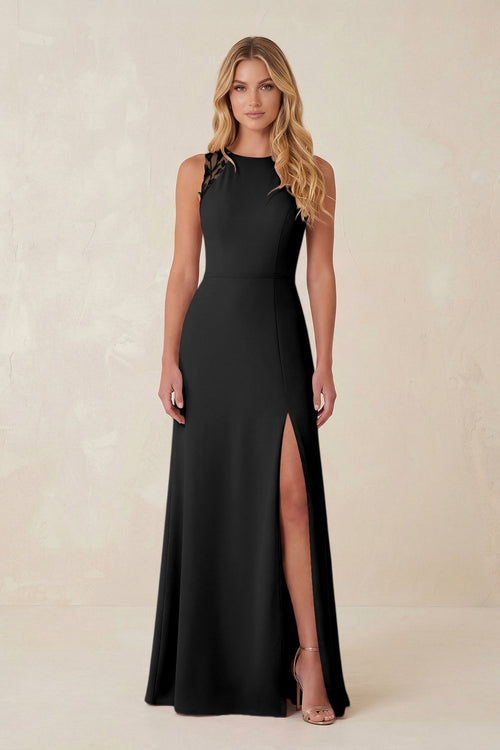 Round Neck Sheath Chiffon Appliqued Bridesmaid Dress in Black - KissProm Bridesmaid Dresses