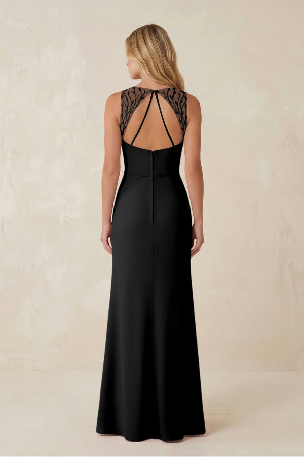 Round Neck Sheath Chiffon Appliqued Bridesmaid Dress in Black - KissProm Bridesmaid Dresses