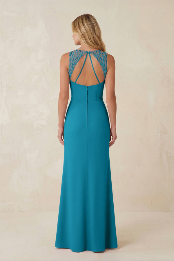 Round Neck Sheath Chiffon Appliqued Bridesmaid Dress in Blue Jay - KissProm Bridesmaid Dresses