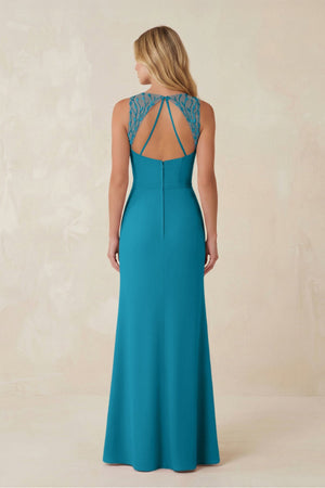 Round Neck Sheath Chiffon Appliqued Bridesmaid Dress in Blue Jay - KissProm Bridesmaid Dresses