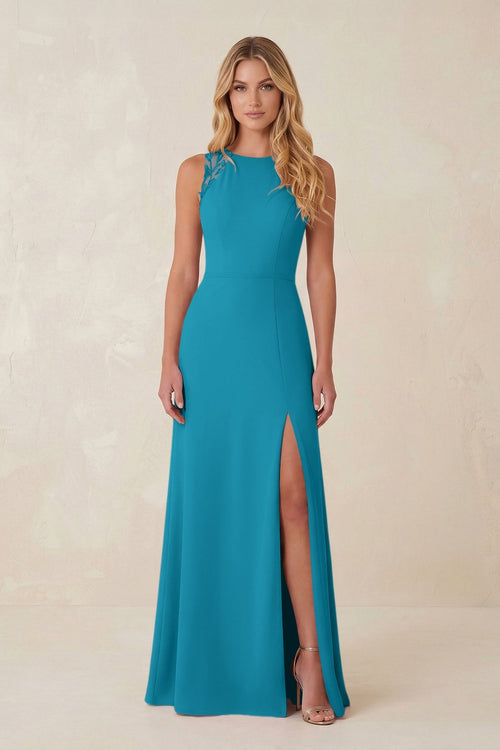 Round Neck Sheath Chiffon Appliqued Bridesmaid Dress in Blue Jay - KissProm Bridesmaid Dresses