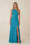 Round Neck Sheath Chiffon Appliqued Bridesmaid Dress in Blue Jay - KissProm Bridesmaid Dresses