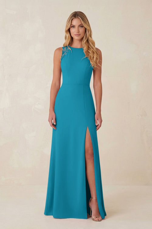 Round Neck Sheath Chiffon Appliqued Bridesmaid Dress in Blue Jay - KissProm Bridesmaid Dresses