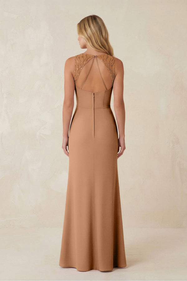 Round Neck Sheath Chiffon Appliqued Bridesmaid Dress in Bronzer - KissProm Bridesmaid Dresses