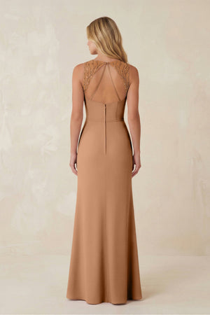 Round Neck Sheath Chiffon Appliqued Bridesmaid Dress in Bronzer - KissProm Bridesmaid Dresses