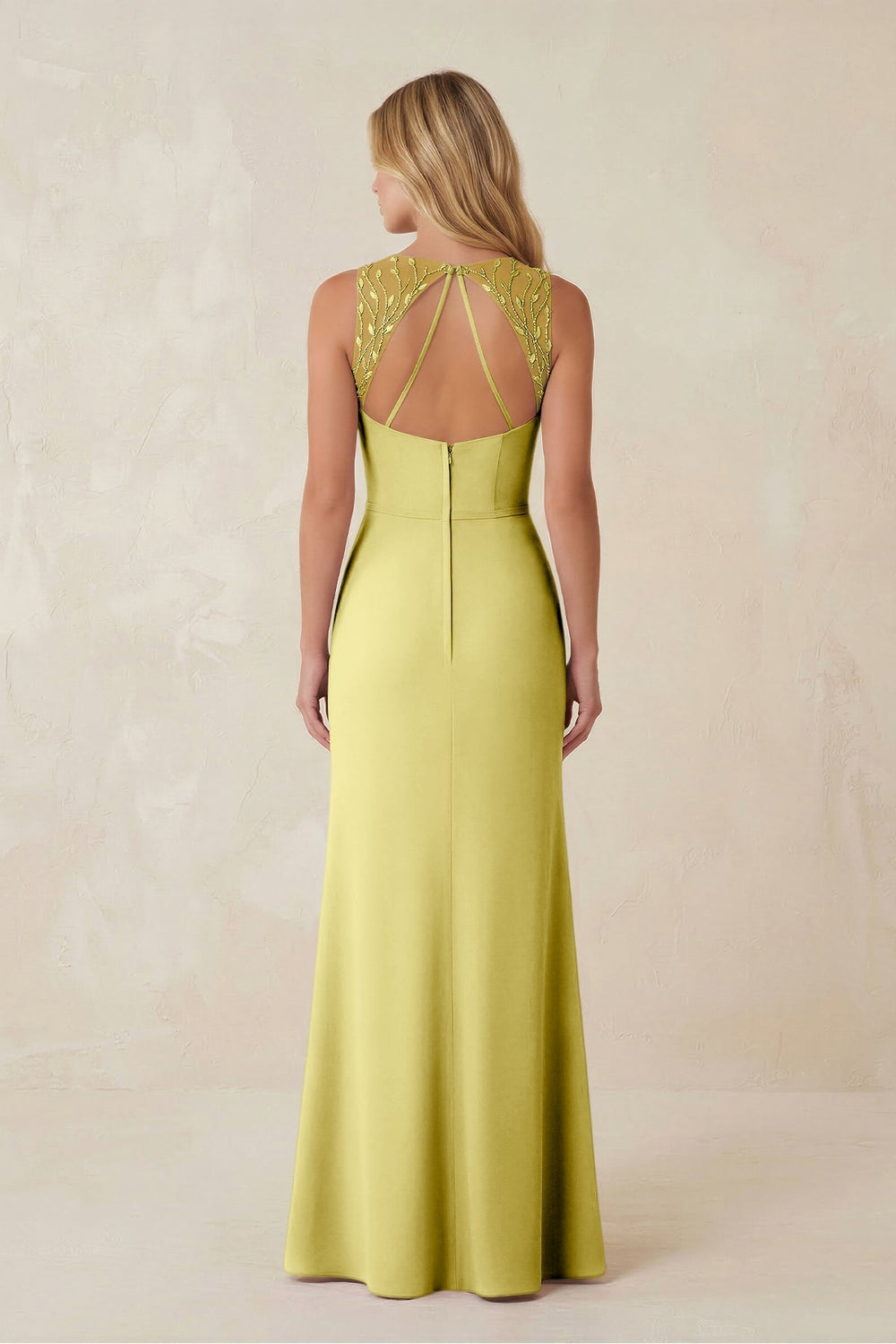 Round Neck Sheath Chiffon Appliqued Bridesmaid Dress in Buttercup - KissProm Bridesmaid Dresses