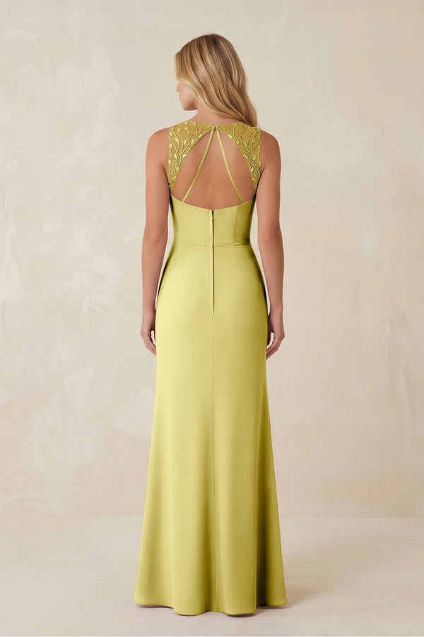 Round Neck Sheath Chiffon Appliqued Bridesmaid Dress in Buttercup - KissProm Bridesmaid Dresses