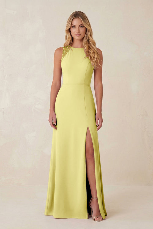 Round Neck Sheath Chiffon Appliqued Bridesmaid Dress in Buttercup - KissProm Bridesmaid Dresses