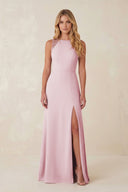 Round Neck Sheath Chiffon Appliqued Bridesmaid Dress in Candy Pink - KissProm Bridesmaid Dresses