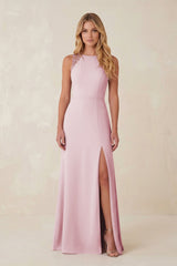 Round Neck Sheath Chiffon Appliqued Bridesmaid Dress in Candy Pink - KissProm Bridesmaid Dresses