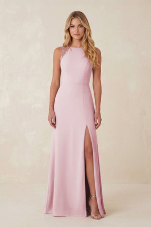 Round Neck Sheath Chiffon Appliqued Bridesmaid Dress in Candy Pink - KissProm Bridesmaid Dresses
