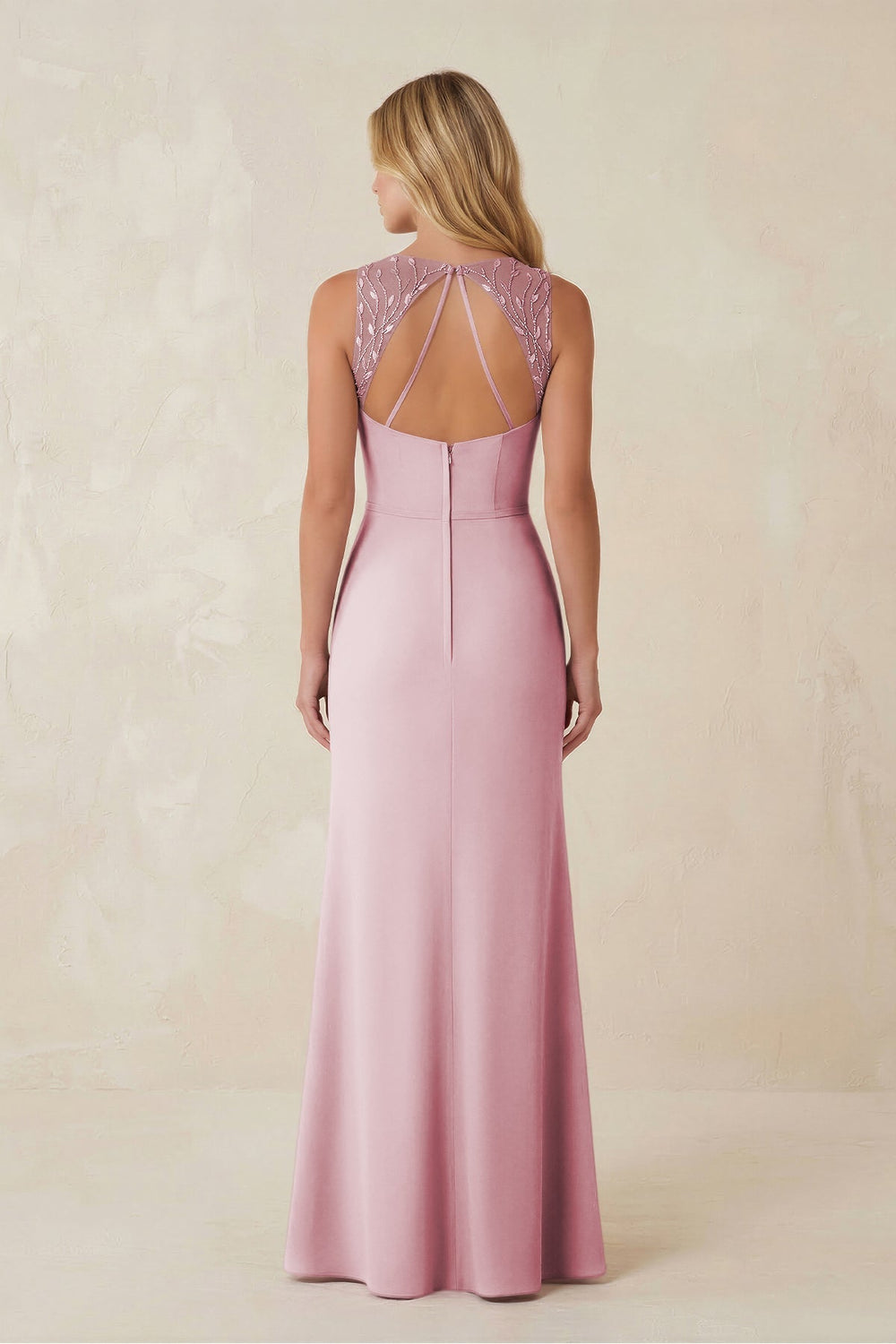 Round Neck Sheath Chiffon Appliqued Bridesmaid Dress in Candy Pink - KissProm Bridesmaid Dresses