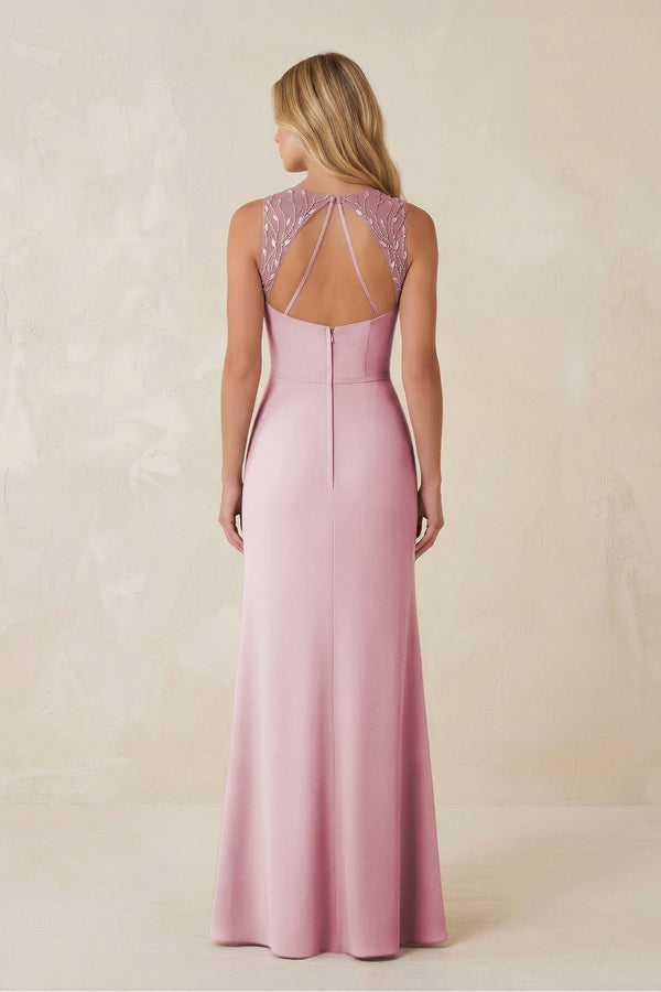 Round Neck Sheath Chiffon Appliqued Bridesmaid Dress in Candy Pink - KissProm Bridesmaid Dresses