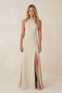 Round Neck Sheath Chiffon Appliqued Bridesmaid Dress in Champagne - KissProm Bridesmaid Dresses