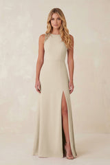 Round Neck Sheath Chiffon Appliqued Bridesmaid Dress in Champagne - KissProm Bridesmaid Dresses