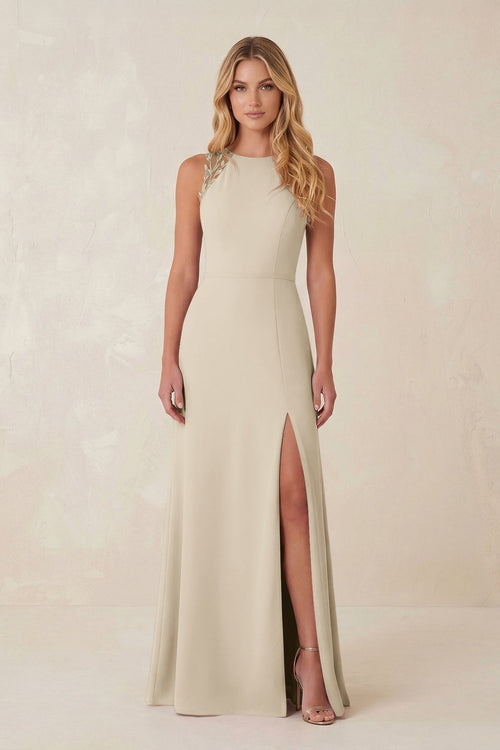 Round Neck Sheath Chiffon Appliqued Bridesmaid Dress in Champagne - KissProm Bridesmaid Dresses