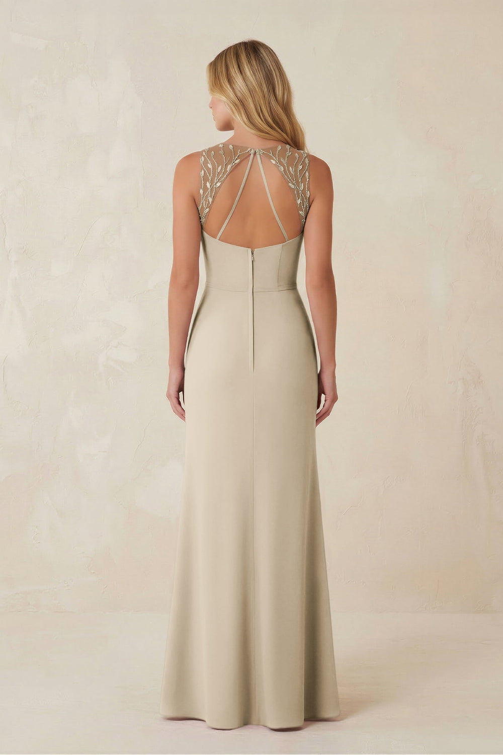 Round Neck Sheath Chiffon Appliqued Bridesmaid Dress in Champagne - KissProm Bridesmaid Dresses