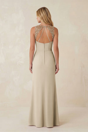 Round Neck Sheath Chiffon Appliqued Bridesmaid Dress in Champagne - KissProm Bridesmaid Dresses