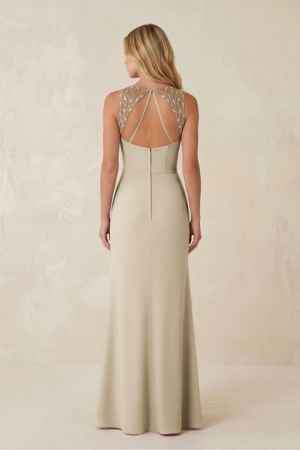 Round Neck Sheath Chiffon Appliqued Bridesmaid Dress in Champagne - KissProm Bridesmaid Dresses