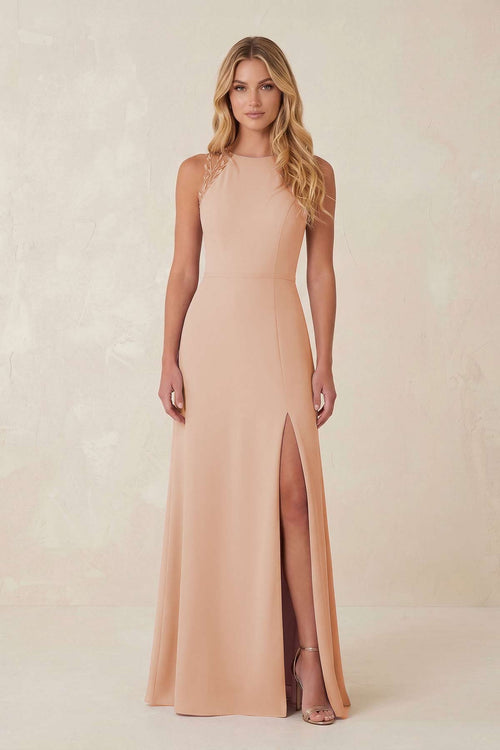 Round Neck Sheath Chiffon Appliqued Bridesmaid Dress in Champagne Rose - KissProm Bridesmaid Dresses