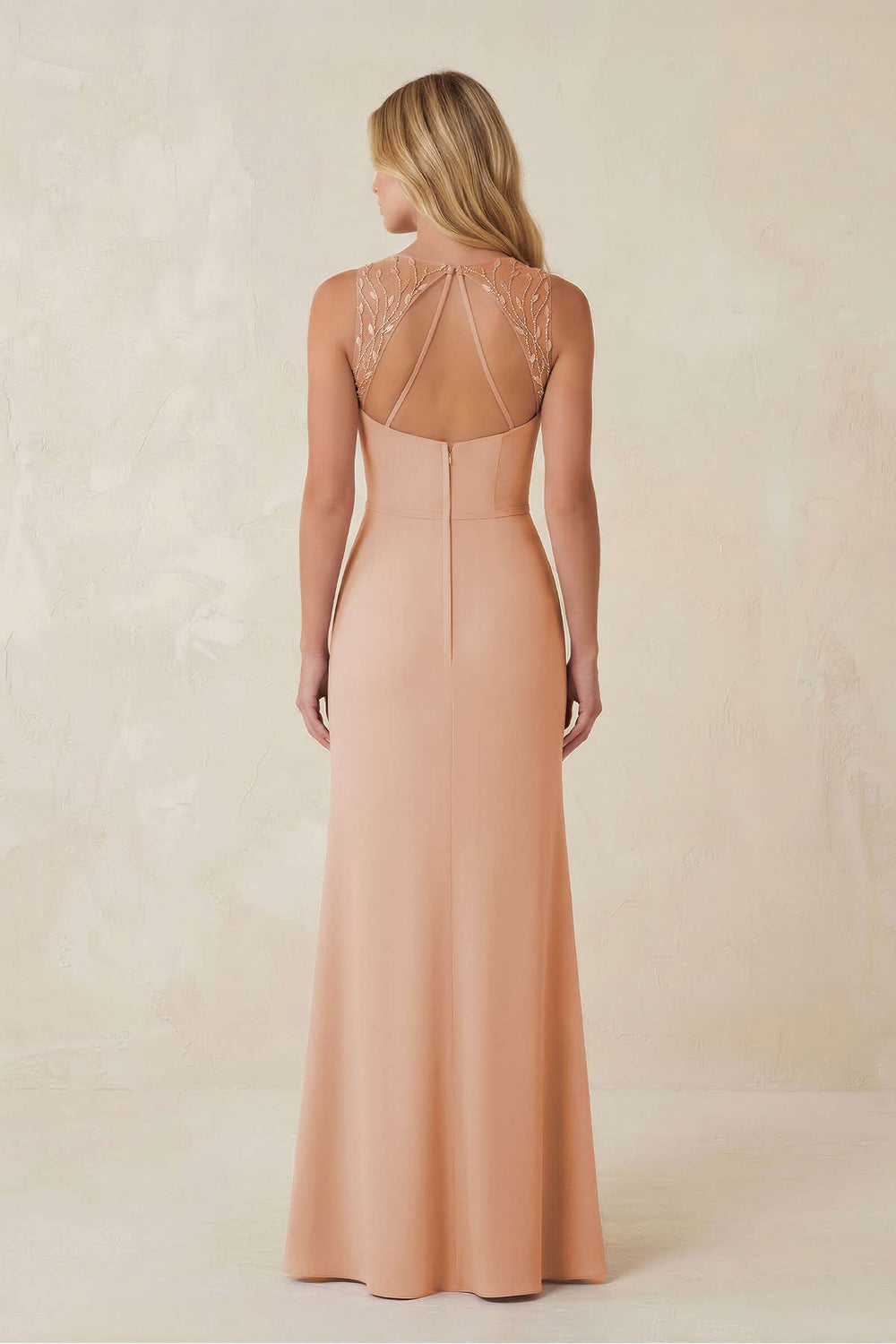 Round Neck Sheath Chiffon Appliqued Bridesmaid Dress in Champagne Rose - KissProm Bridesmaid Dresses