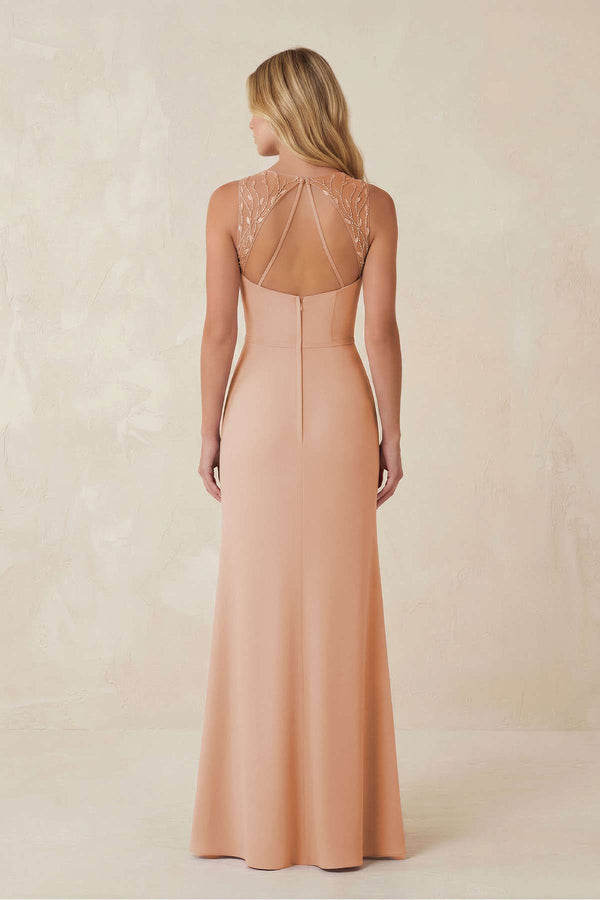 Round Neck Sheath Chiffon Appliqued Bridesmaid Dress in Champagne Rose - KissProm Bridesmaid Dresses