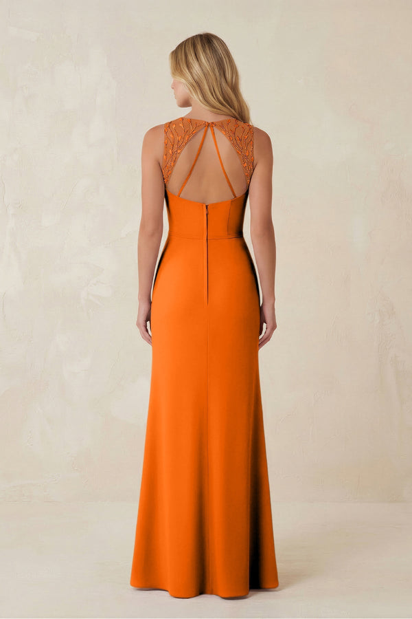 Round Neck Sheath Chiffon Appliqued Bridesmaid Dress in Cinnamon - KissProm Bridesmaid Dresses