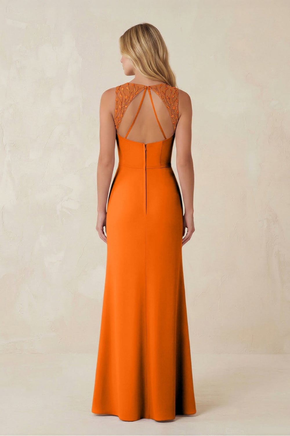 Round Neck Sheath Chiffon Appliqued Bridesmaid Dress in Cinnamon - KissProm Bridesmaid Dresses
