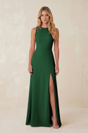 Round Neck Sheath Chiffon Appliqued Bridesmaid Dress in Dark Green - KissProm Bridesmaid Dresses