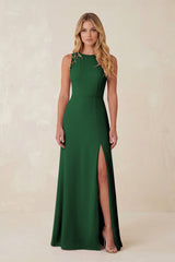 Round Neck Sheath Chiffon Appliqued Bridesmaid Dress in Dark Green - KissProm Bridesmaid Dresses