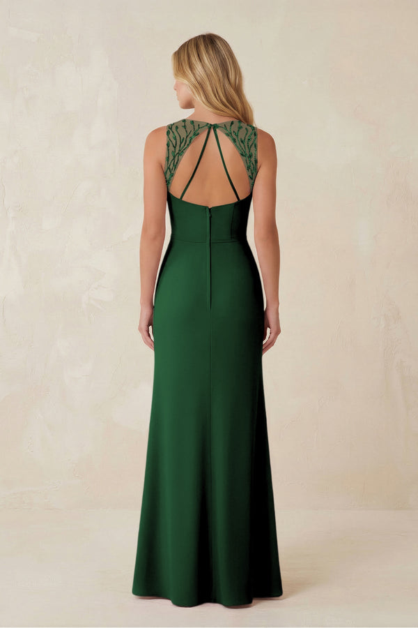 Round Neck Sheath Chiffon Appliqued Bridesmaid Dress in Dark Green - KissProm Bridesmaid Dresses