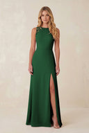 Round Neck Sheath Chiffon Appliqued Bridesmaid Dress in Dark Green - KissProm Bridesmaid Dresses