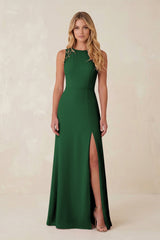 Round Neck Sheath Chiffon Appliqued Bridesmaid Dress in Dark Green - KissProm Bridesmaid Dresses
