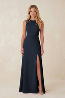Round Neck Sheath Chiffon Appliqued Bridesmaid Dress in Dark Navy - KissProm Bridesmaid Dresses