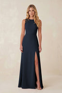 Round Neck Sheath Chiffon Appliqued Bridesmaid Dress in Dark Navy - KissProm Bridesmaid Dresses