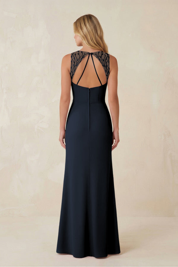 Round Neck Sheath Chiffon Appliqued Bridesmaid Dress in Dark Navy - KissProm Bridesmaid Dresses